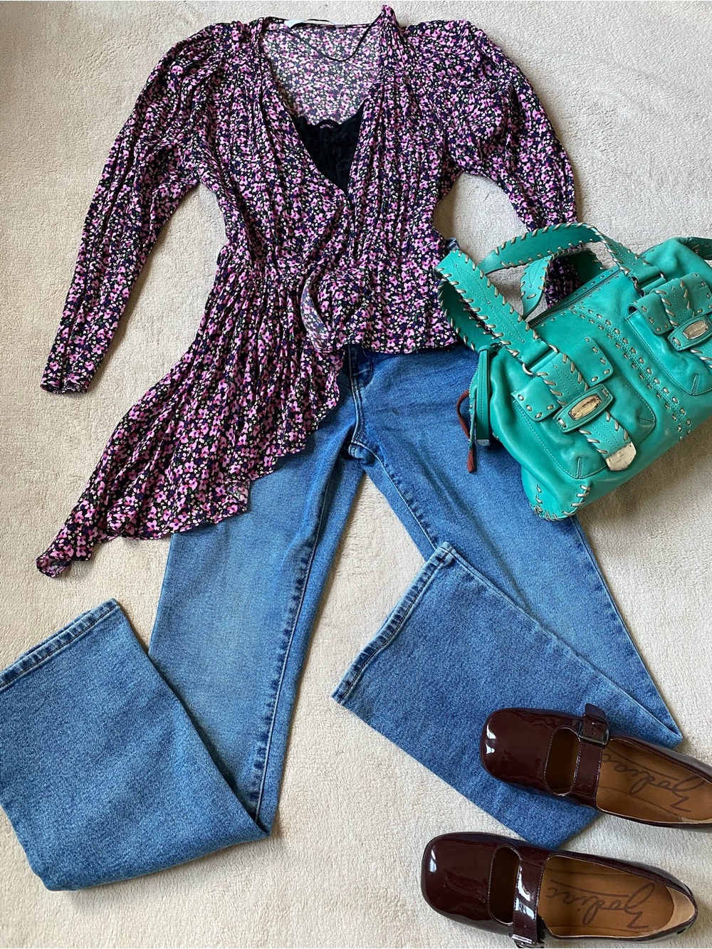 Zara Purple Floral Wrap Top with Pink & White Accents